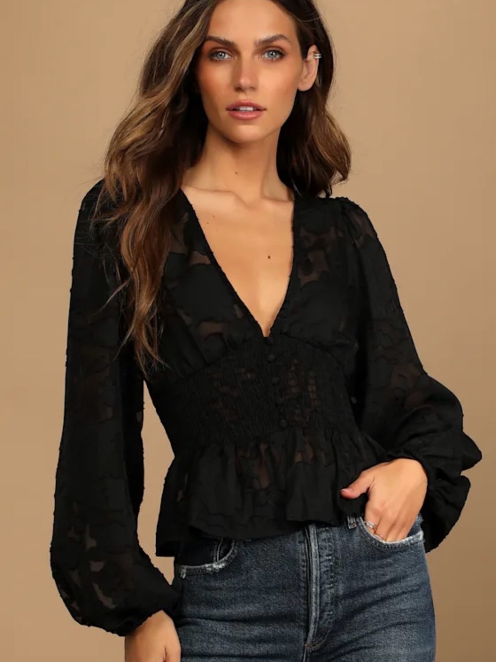 Lulu's Black V-Neck Smocked Peplum Blouse